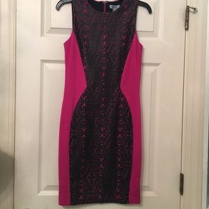 Hot pink office dress leather accents